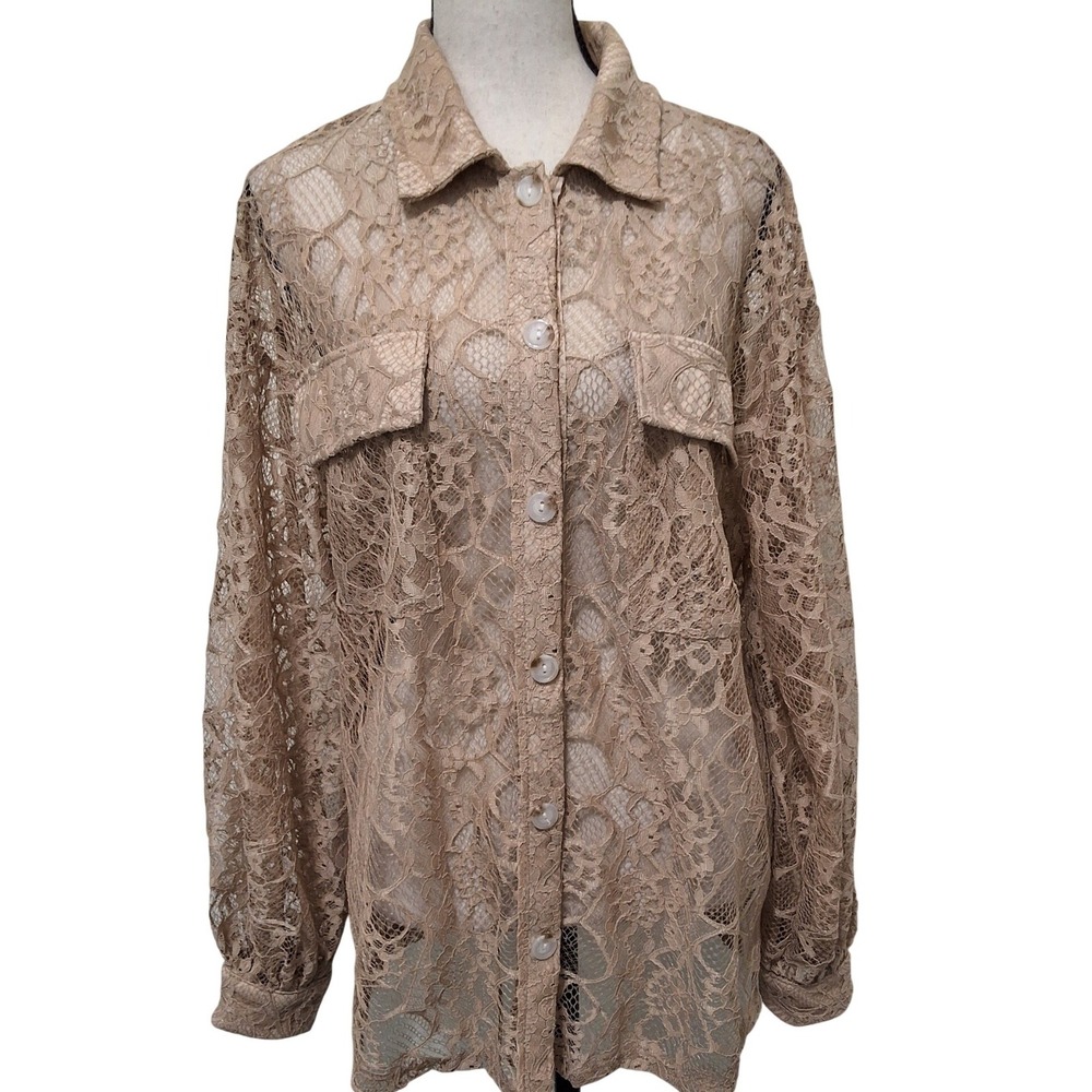 Andree by Unit Womens L Floral Lace Button Down Shirt‎ Taupe Sheer Boho Cottage